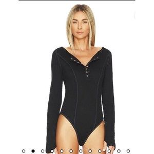 Free People Intimately Sloan Bodysuit Black Henley Snap Front Long Sleeve